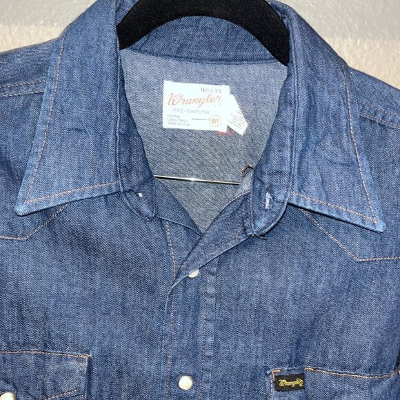 VINTAGE 60s WRANGLER PRE-SHRUNK PEARL SNAP EX LONG TAILS DENIM SHIRT 16.5" X 35" - Picture 2 of 15